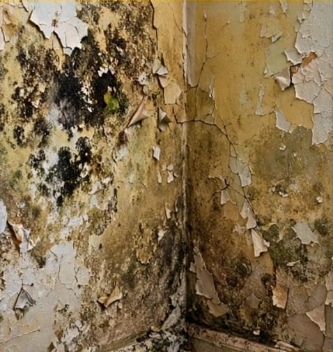 A damp, peeling wall as it looks to the eye